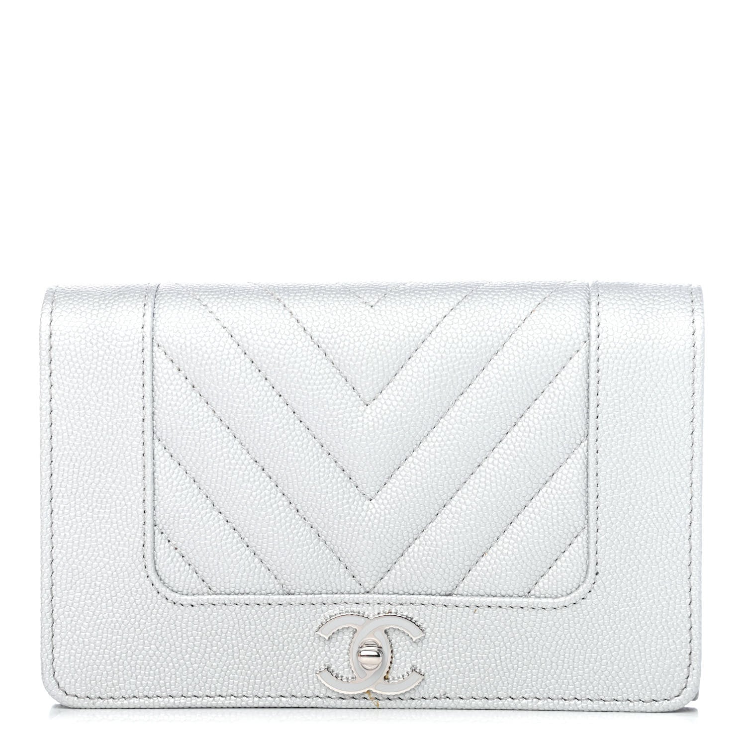 Chanel Metallic Caviar Chevron Quilted Mademoiselle Vintage Flap Wallet Silver 1 of 4