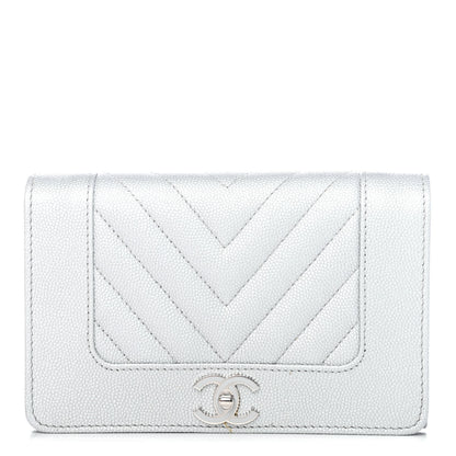 Chanel Metallic Caviar Chevron Quilted Mademoiselle Vintage Flap Wallet Silver 1 of 4