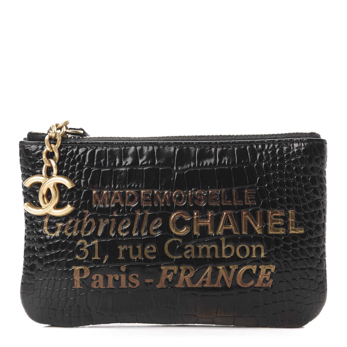 Calfskin Crocodile Embossed Cocodile Cosmetic Case Black Gold