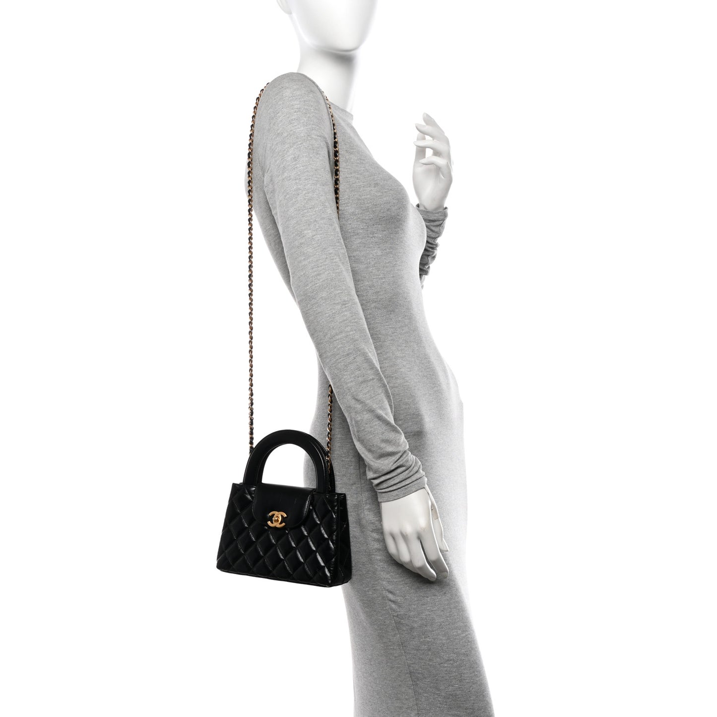 Shiny Aged Calfskin Quilted Nano Kelly Shopper Black
