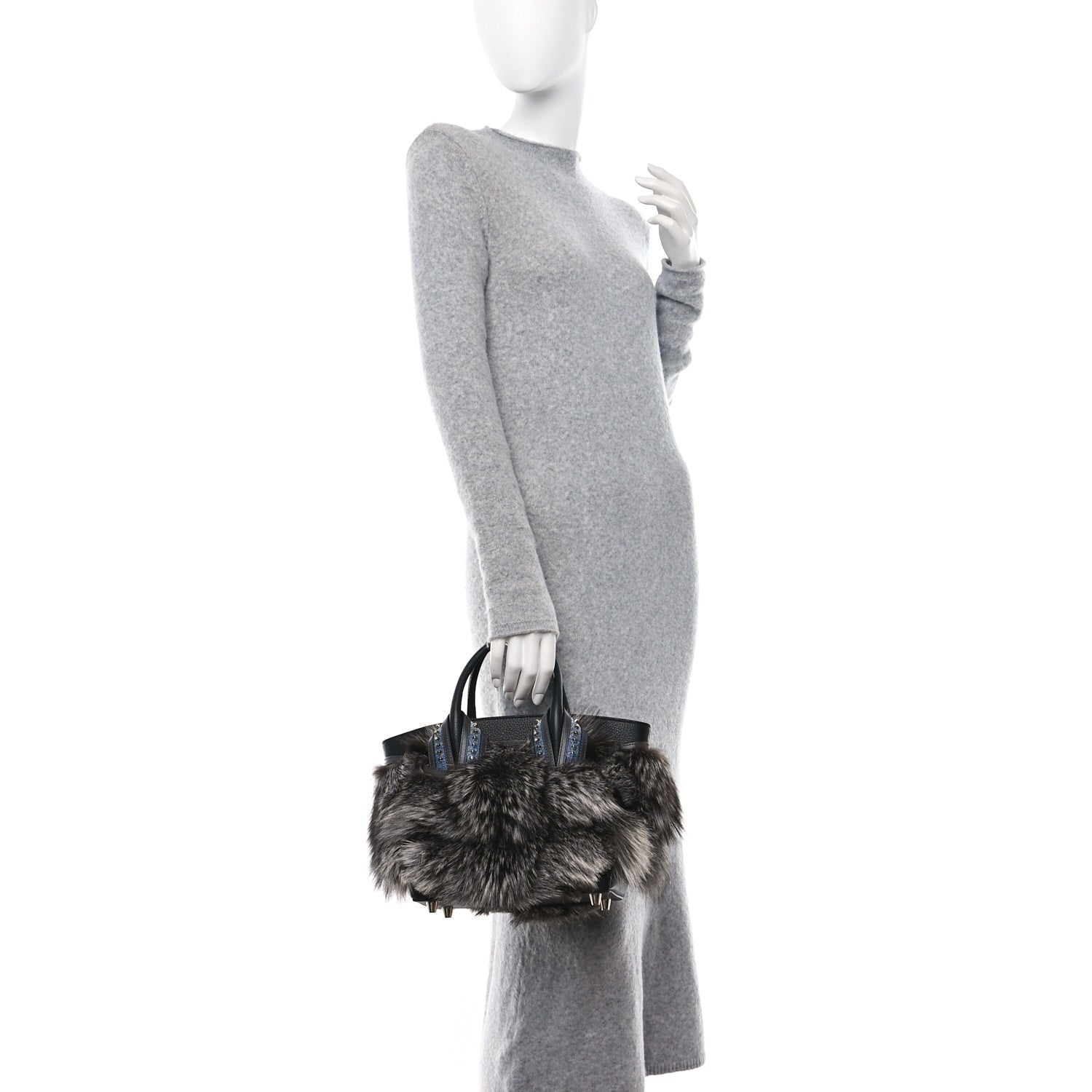 Christian Louboutin Calfskin Empire Fox Fur Small Eloise Tote Silver Black 2 of 9