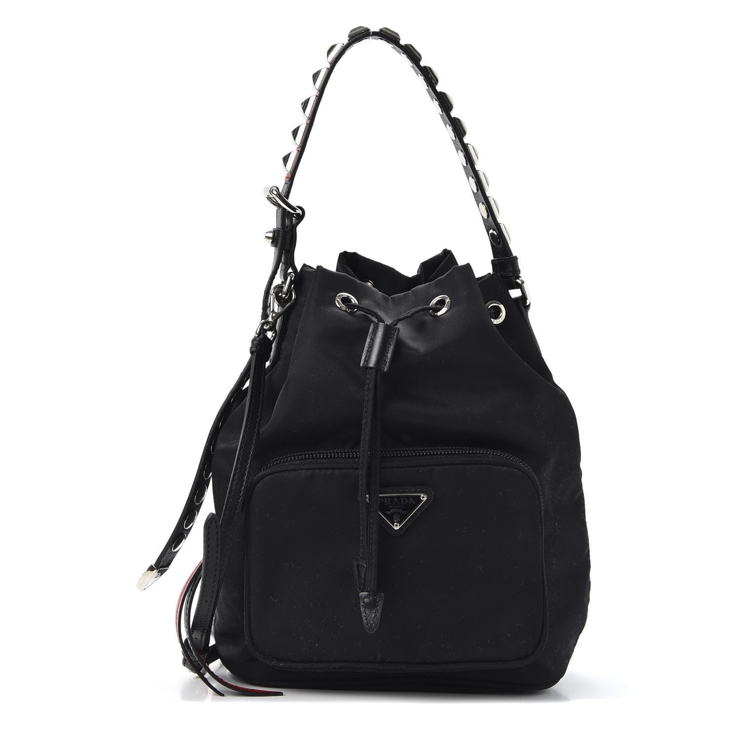 Prada Tessuto Nylon Studded New Vela Mini Bucket Crossbody Bag Black Fuoco 1 of 10