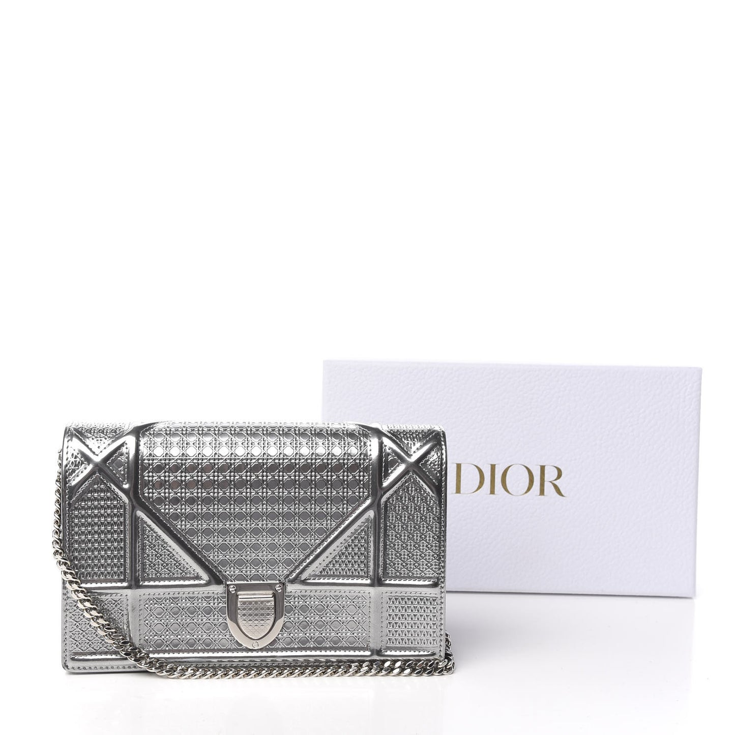 Metallic Patent Micro-Cannage Diorama Wallet on Chain Pouch Silver