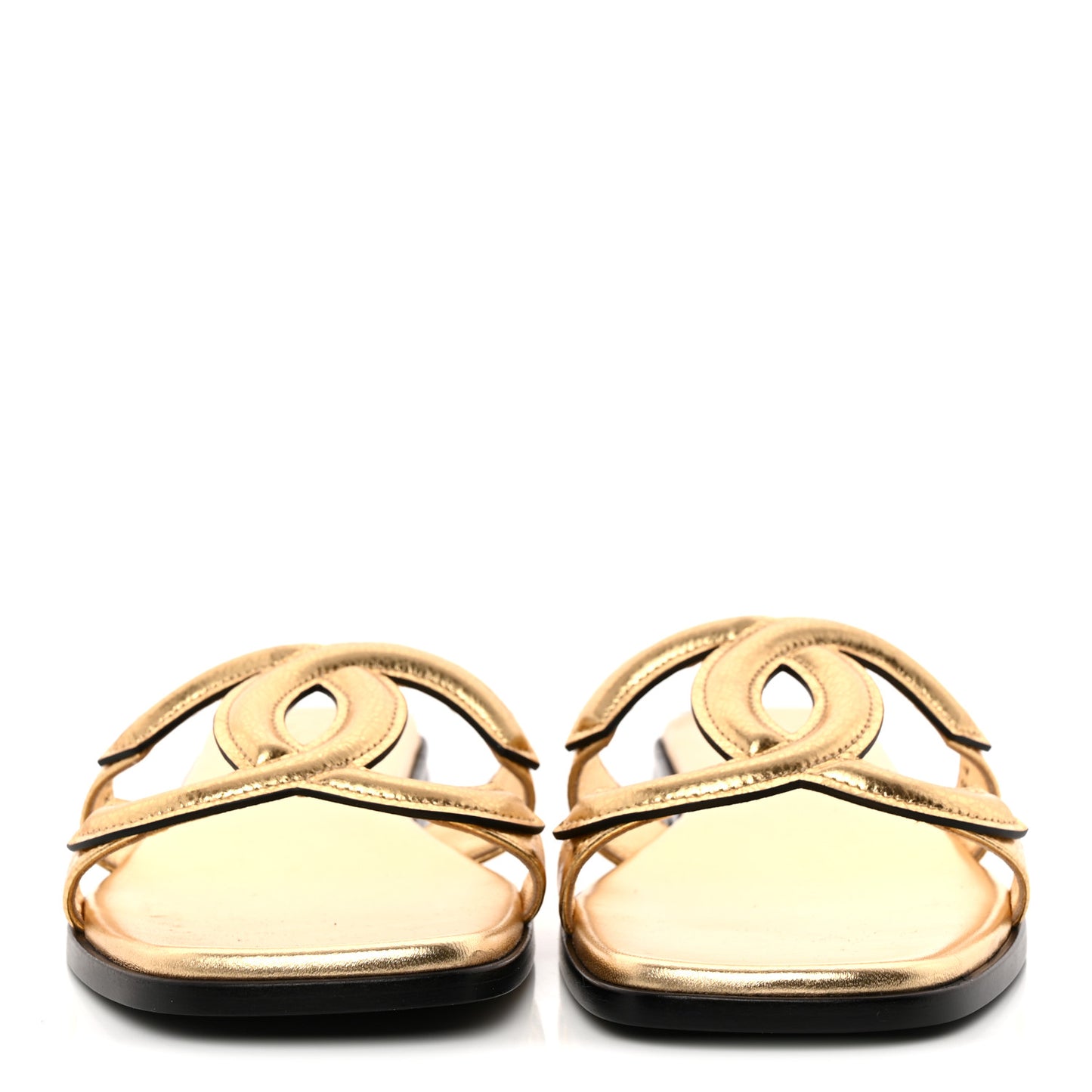 Crackled Laminated Calfskin CC Cut Out Mules Sandals 39 Gold
