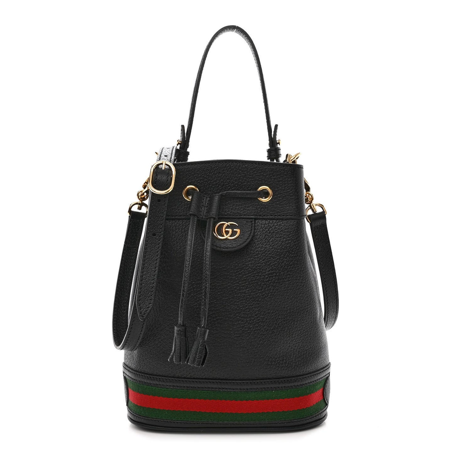 Glazed Textured Calfskin Web Small Ophidia Bucket Bag Black