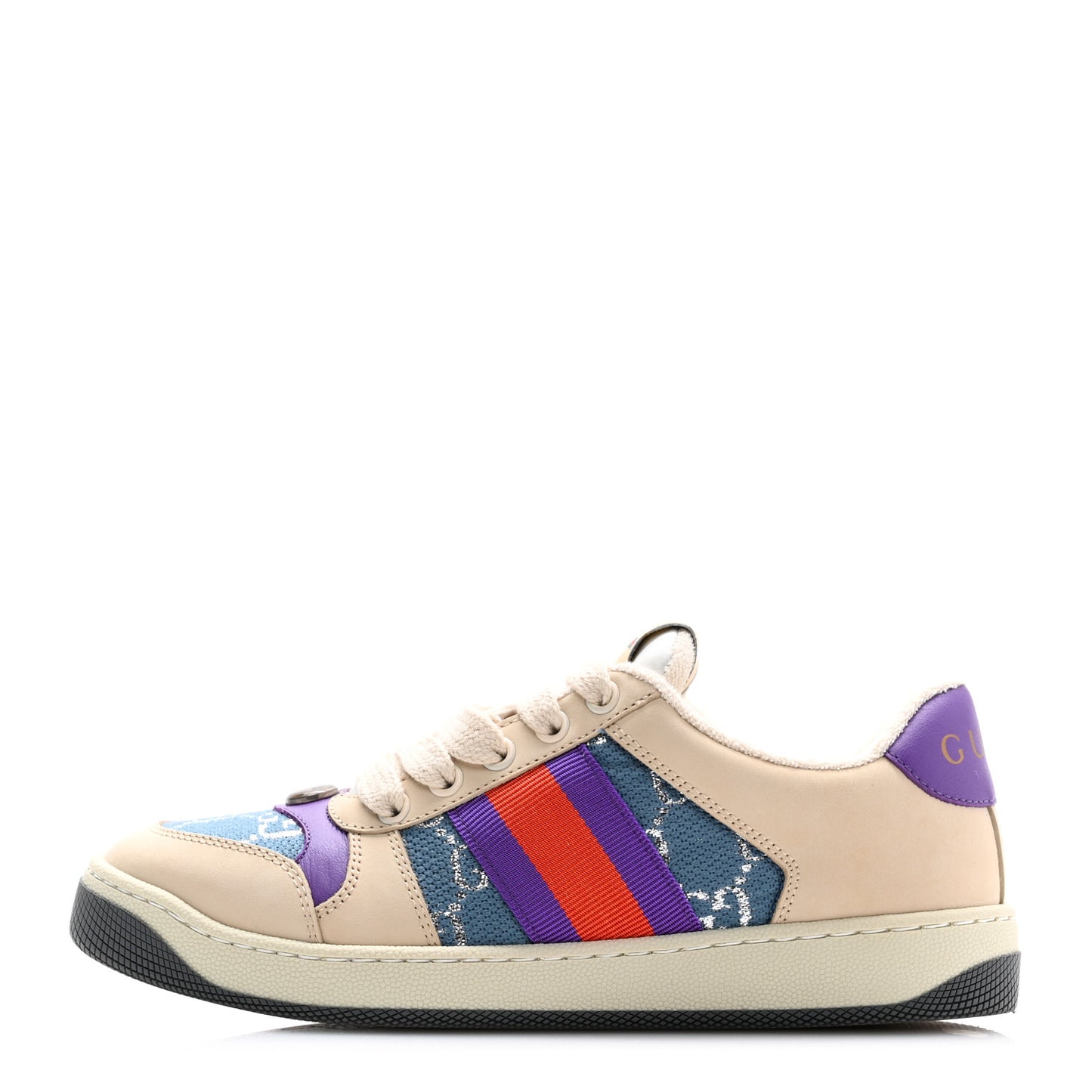 Calfskin Lame GG Monogram Web Womens Screener Sneakers 35 Blue Silver Dusty Milk Shine Purple