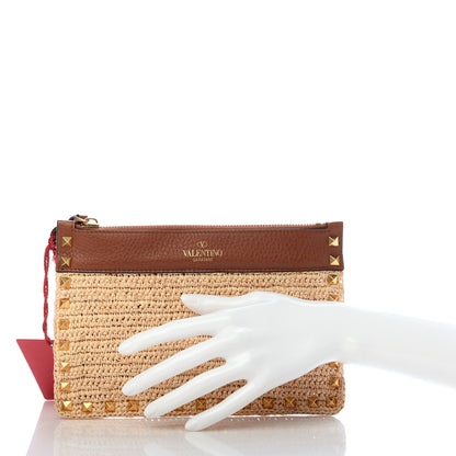 Valentino Garavani Raffia Calfskin Small Rockstud Zip Pouch Natural Saddle Brown 2 of 6