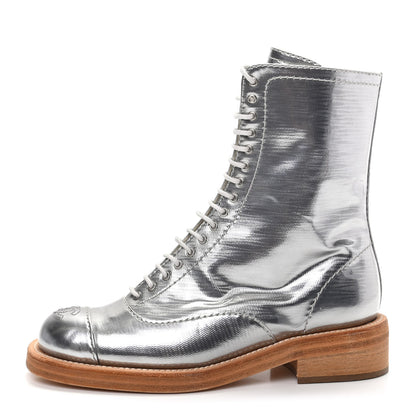 Chanel Fantasy Calfskin PVC Lace Up Combat Boots 36 Silver 1 of 6