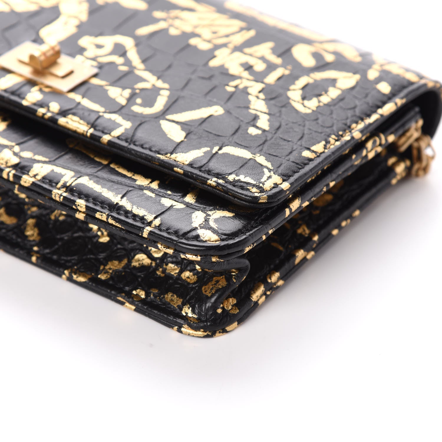 Chanel Calfskin Crocodile Embossed Graffiti 2.55 Cocodile Reissue Wallet On Chain WOC Black Gold 10 of 10