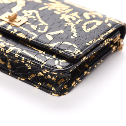 Chanel Calfskin Crocodile Embossed Graffiti 2.55 Cocodile Reissue Wallet On Chain WOC Black Gold 10 of 10