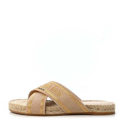 Christian Dior Canvas Embroidered Granville Espadrille Crisscross Flat Slide Sandals 38 Gold 1 of 4