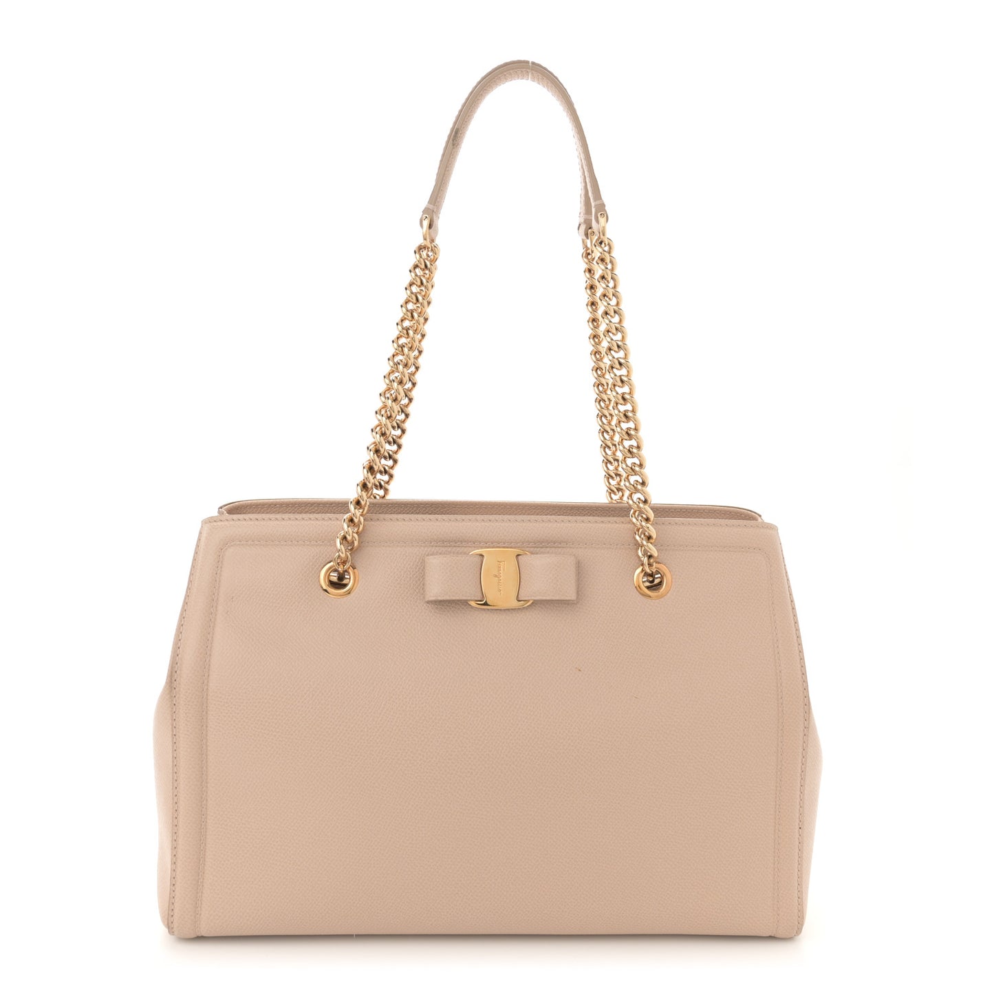 Hammered Calfskin Vara Bow Chain Tote Macadamia