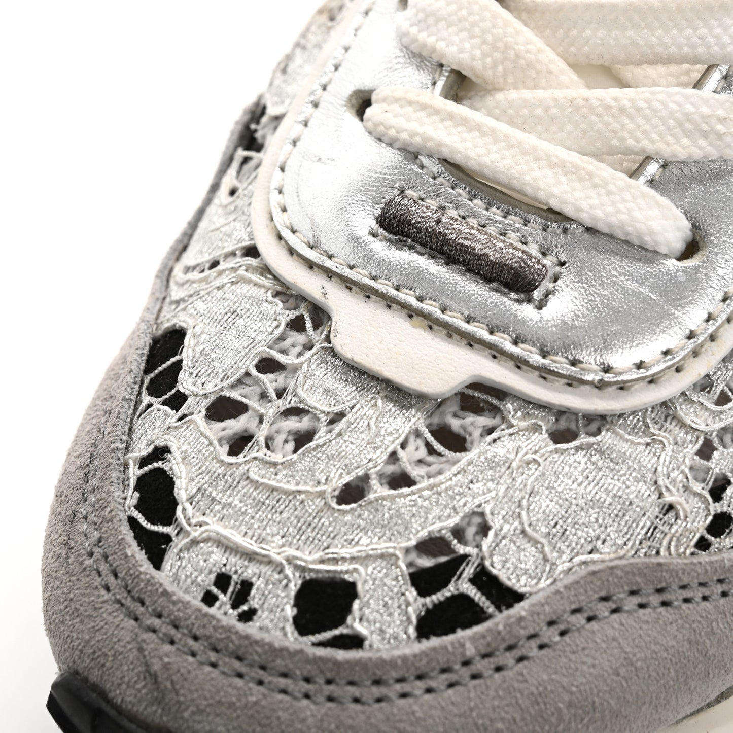 Metallic Calfskin Lace Mesh Lacerunner Sneaker 38.5 Silver Pastel Gray