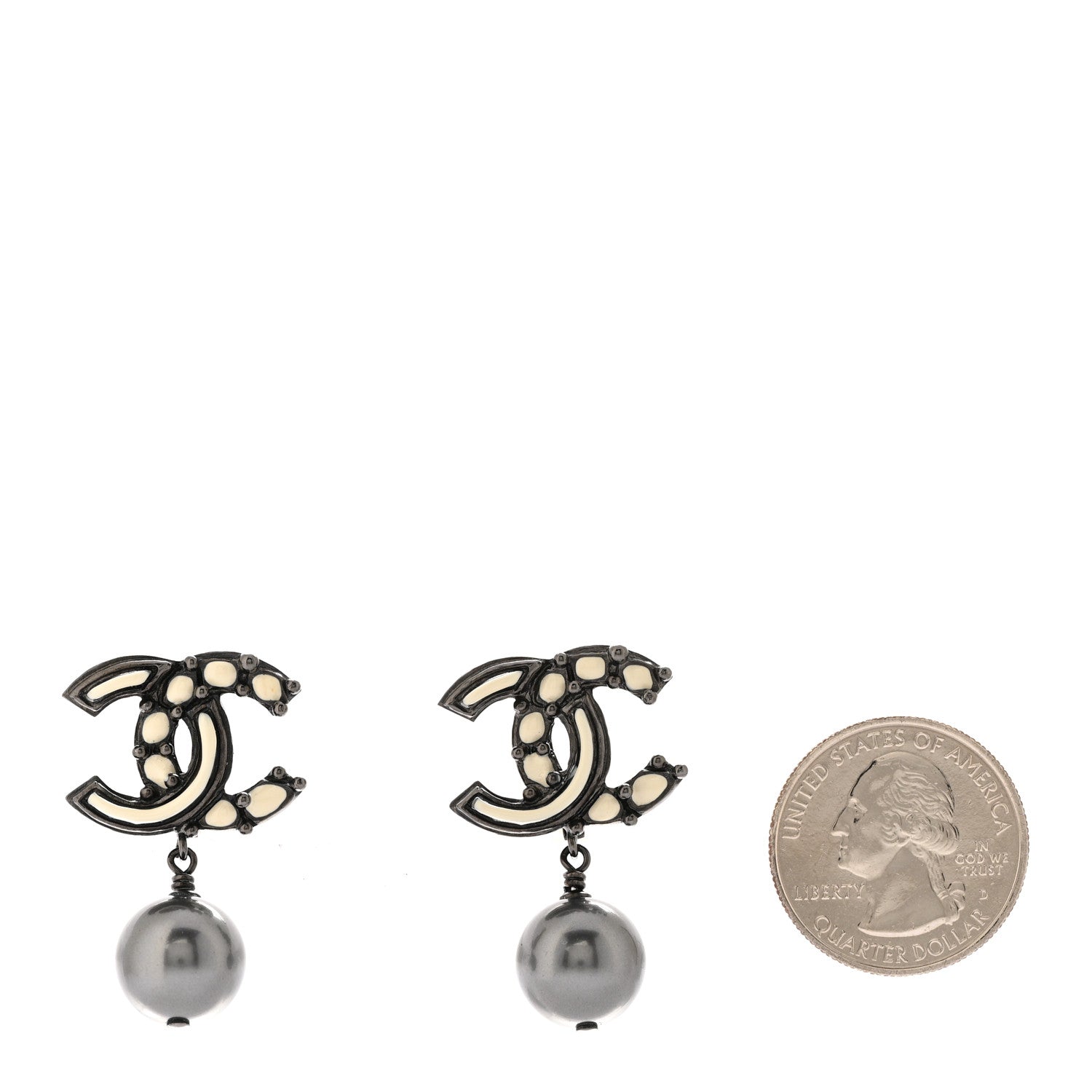 Chanel Enamel Bead CC Drop Clip On Earrings Ruthenium White 2 of 6