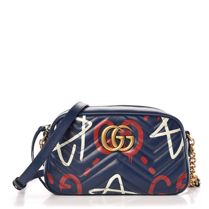 Gucci Calfskin Matelasse GucciGhost Small GG Marmont Chain Shoulder Bag Blue Agata Hibiscus Red 1 of 9