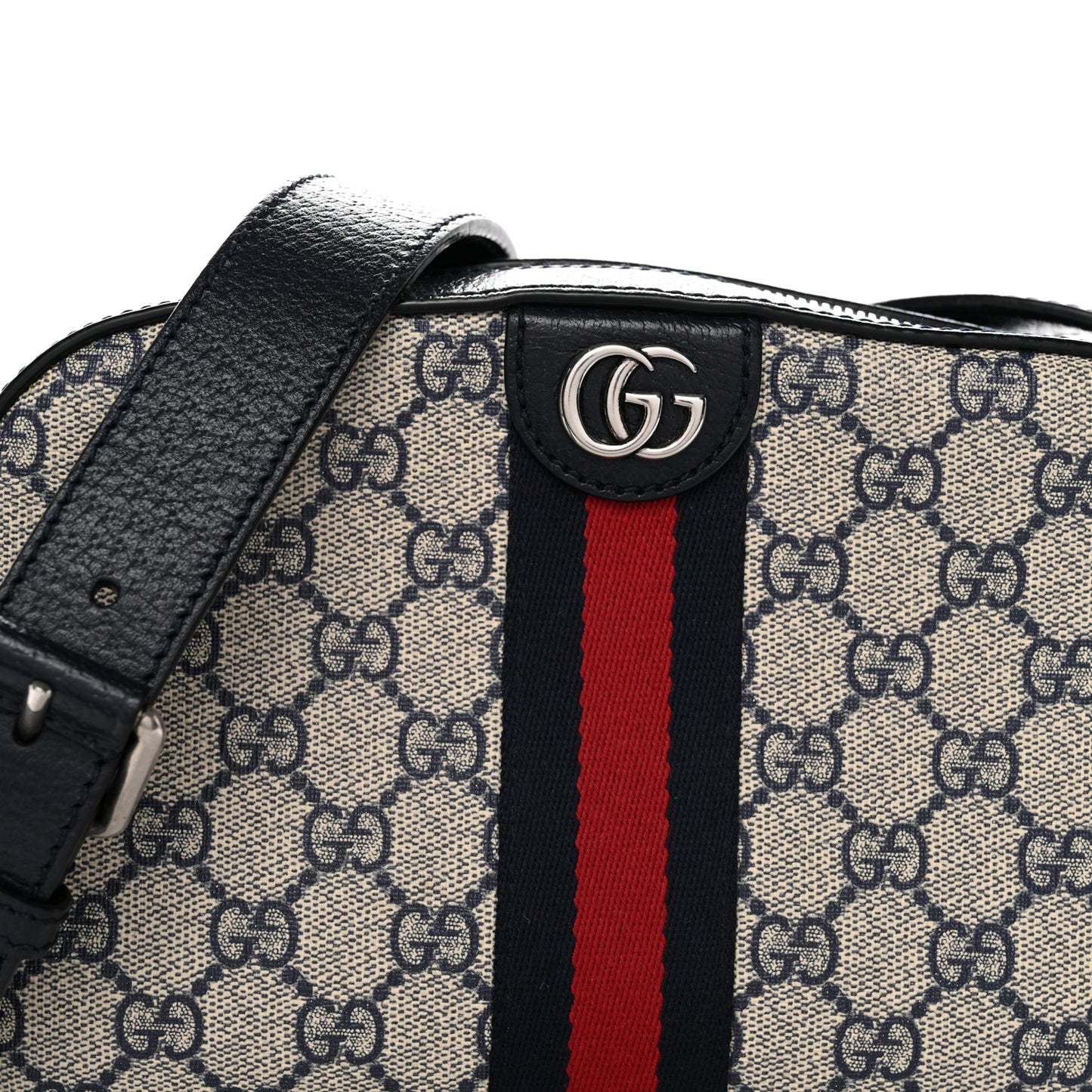 GG Supreme Monogram Textured Dollar Calfskin Web Small Ophidia Camera Bag Beige Blue