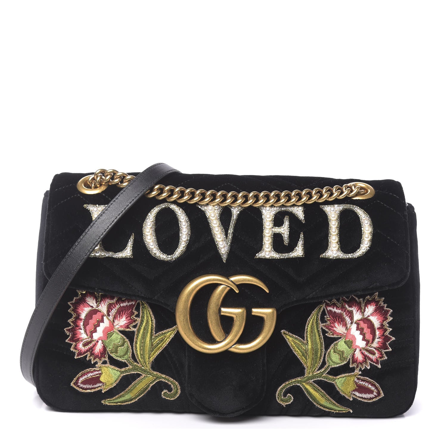 Gucci Velvet Matelasse Loved Embroidered Medium GG Marmont Shoulder Bag Black 1 of 10