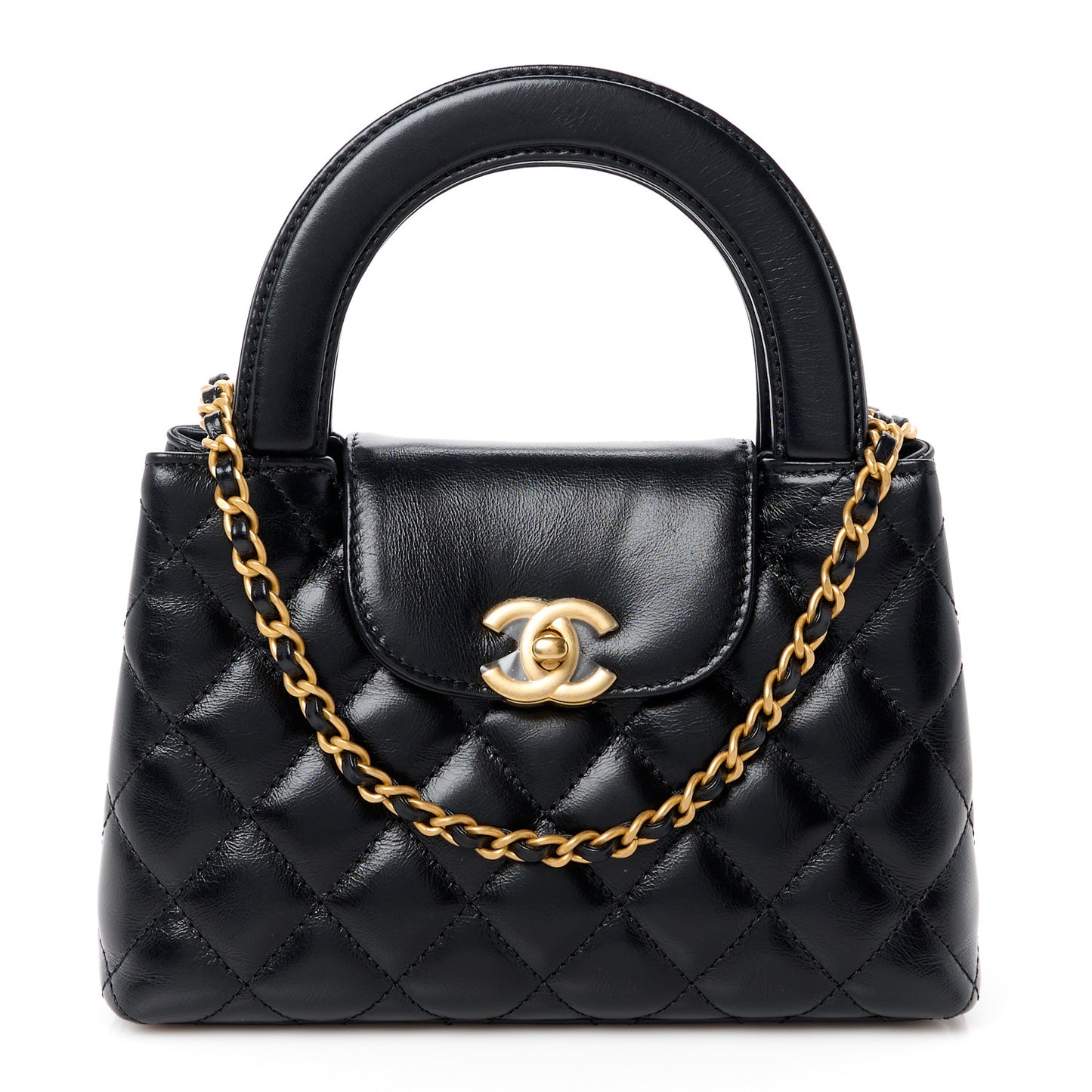 Shiny Aged Calfskin Quilted Nano Kelly Shopper Black