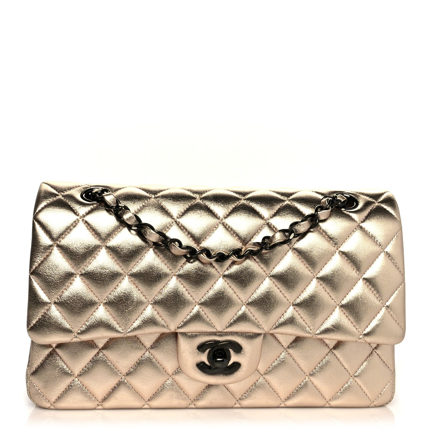 Metallic Lambskin Quilted Medium Double Flap Gold Black