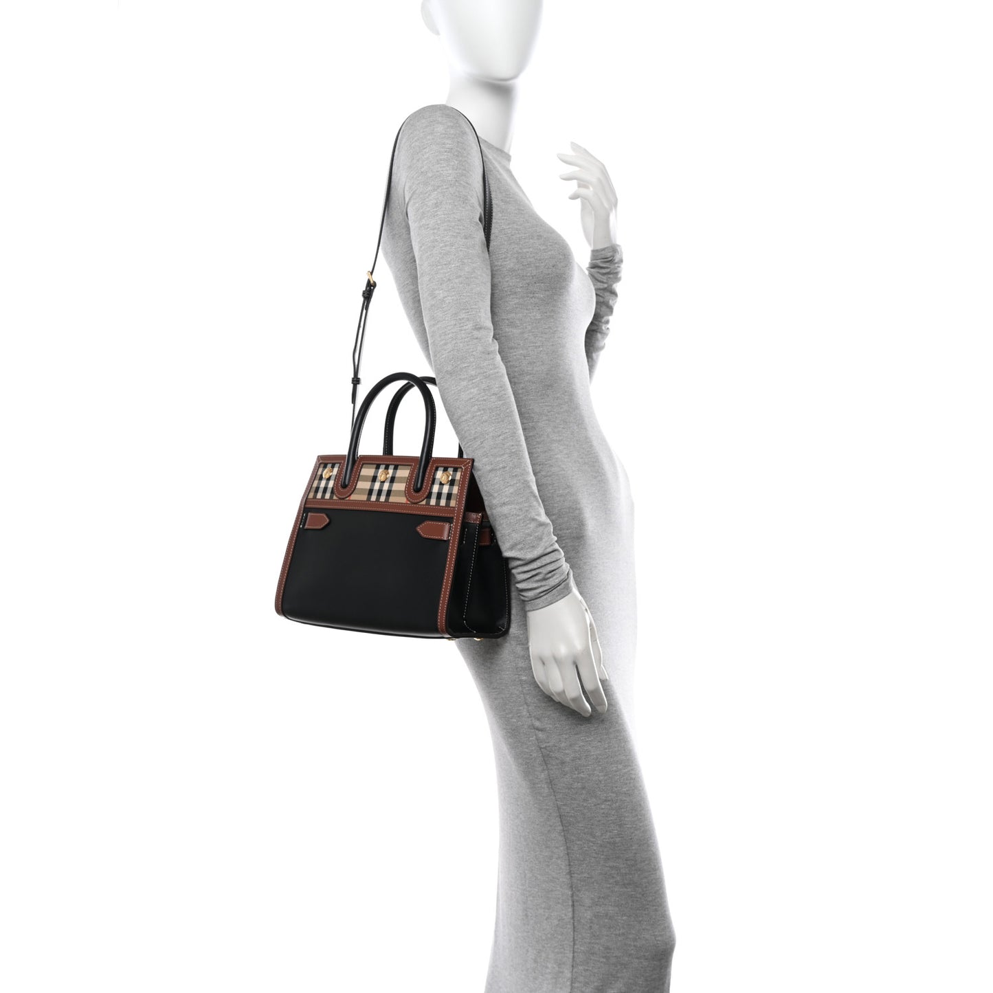 Calfskin Vintage Check Baby Two Handle Title Bag Black