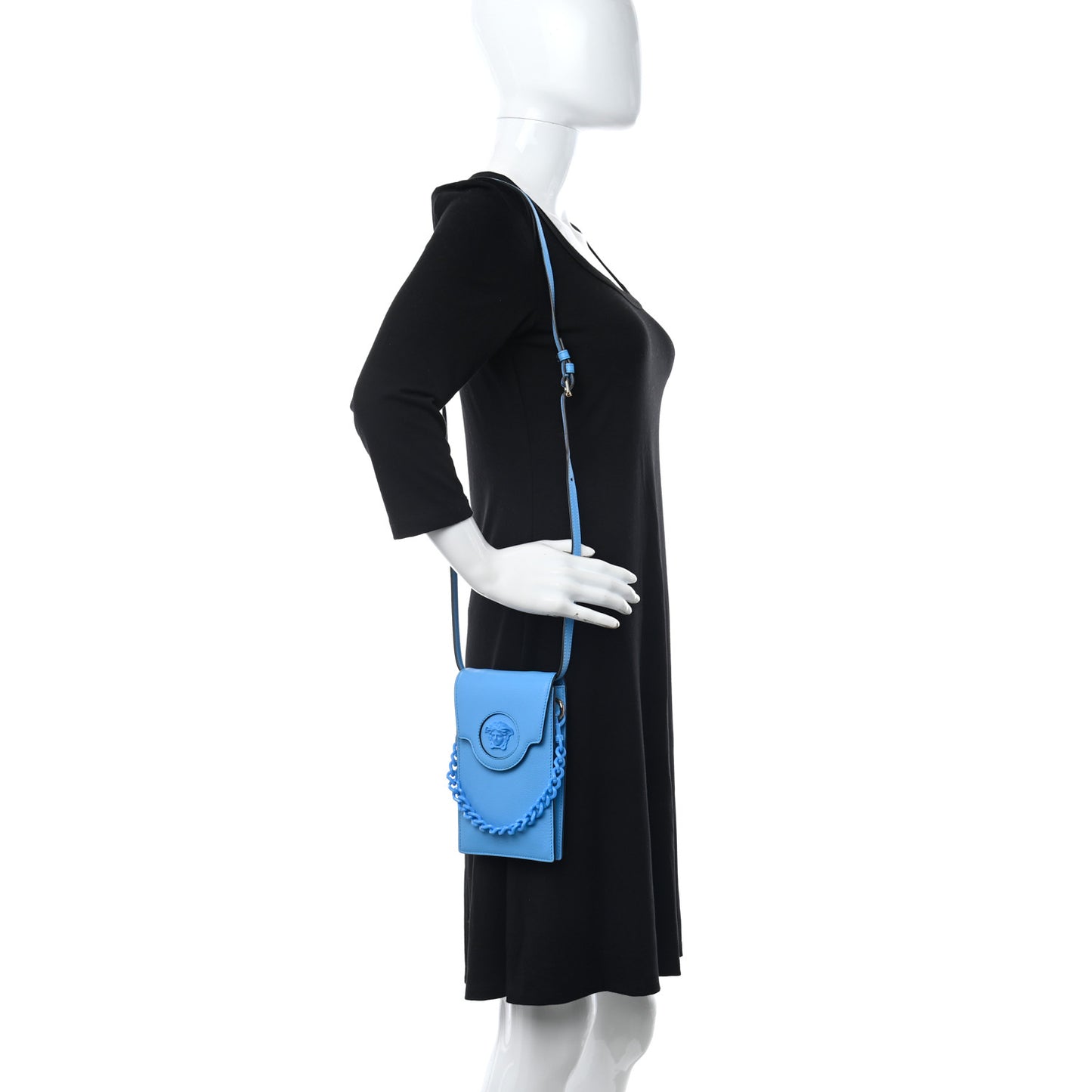 Calfskin La Medusa Chain Crossbody Phone Pouch DV Blue