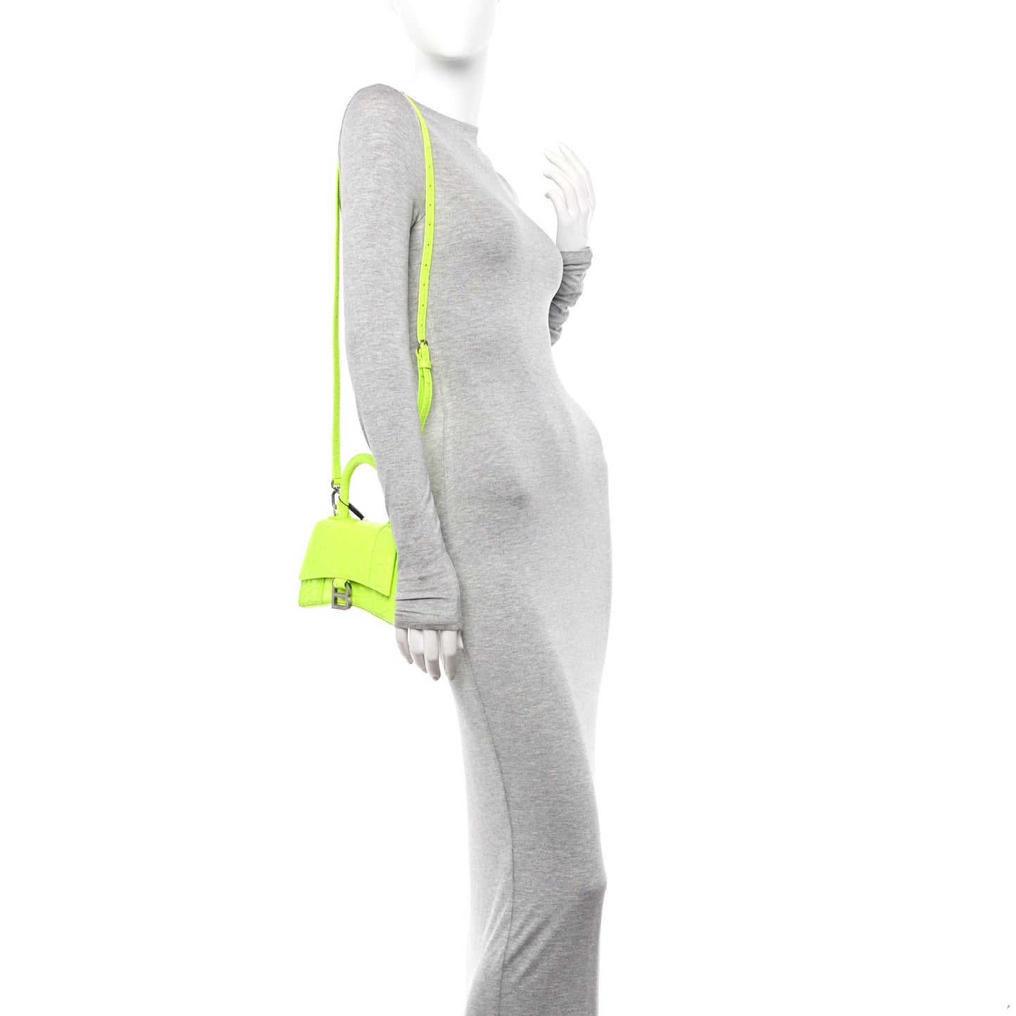 Shiny Calfskin Crocodile Embossed Hourglass Top Handle Bag XS Fluo Yellow