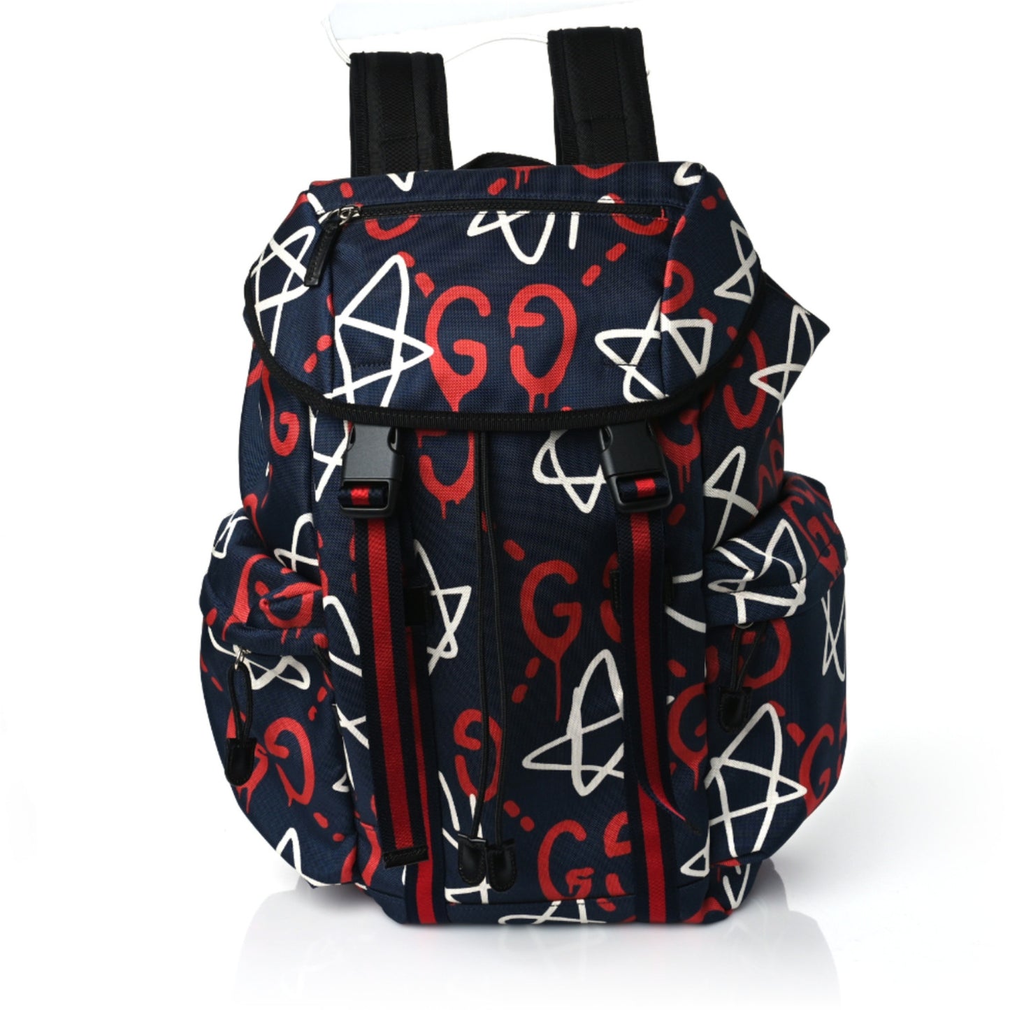 Techno Canvas GucciGhost Double Buckle Backpack Blue Agata Hibiscus Red