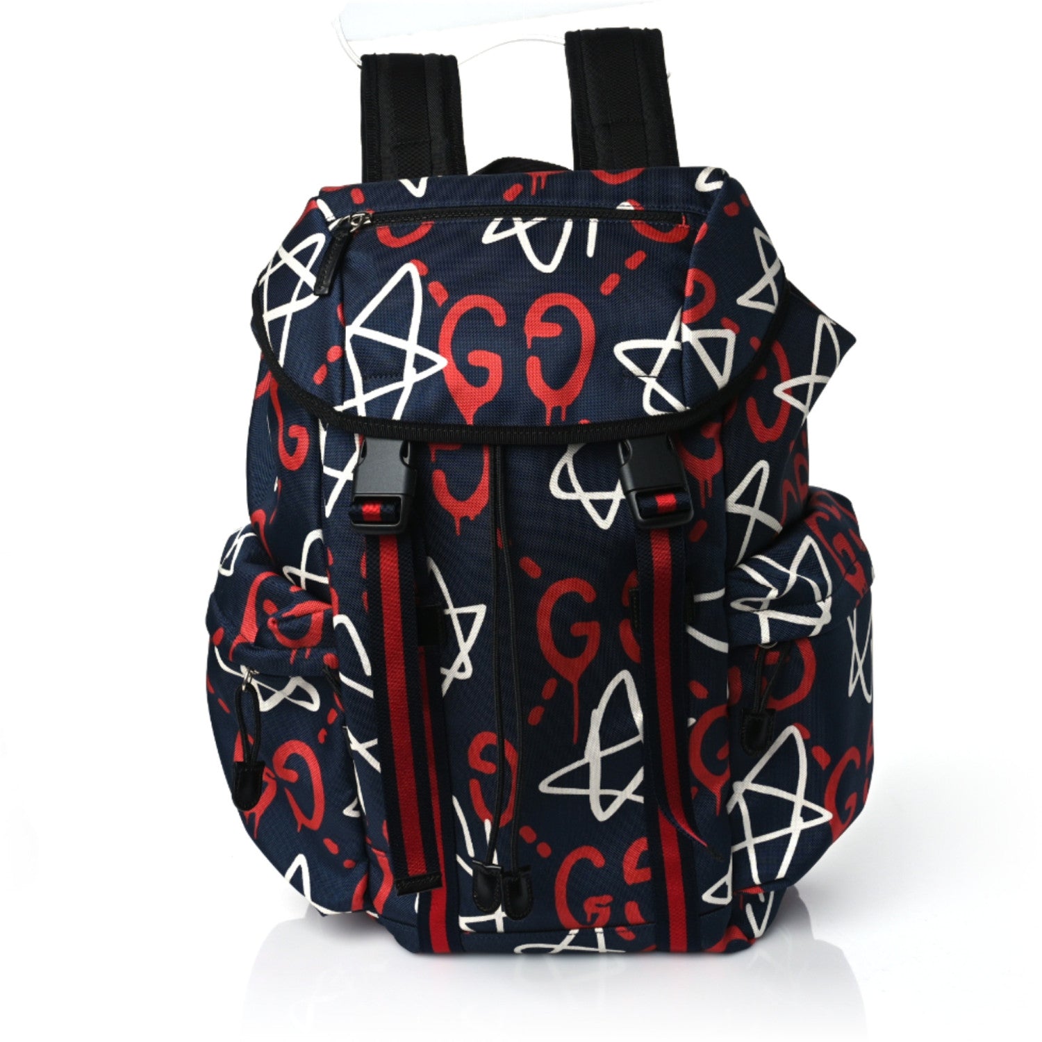 Gucci Techno Canvas GucciGhost Double Buckle Backpack Blue Agata Hibiscus Red 1 of 9