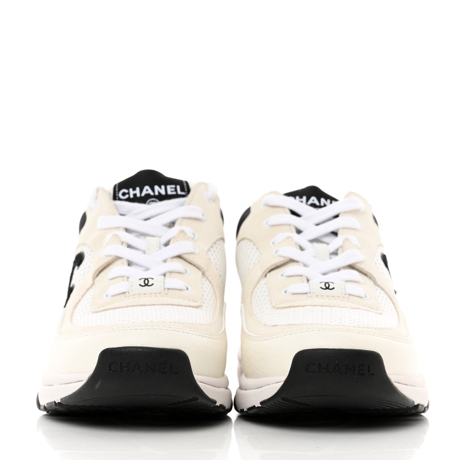 Chanel Mesh Suede Calfskin Grained Calfskin Womens CC Sneakers 37 White Black 2 of 8