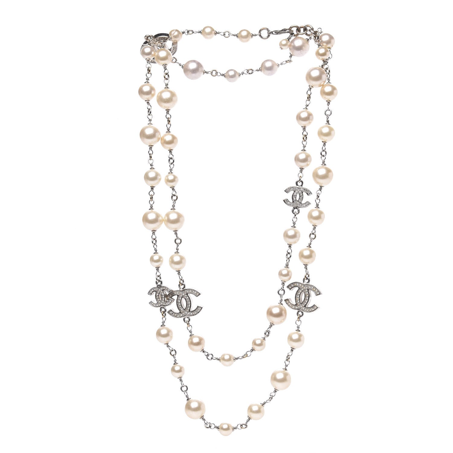 Chanel Crystal Pearl CC Long Necklace Silver 3 of 4