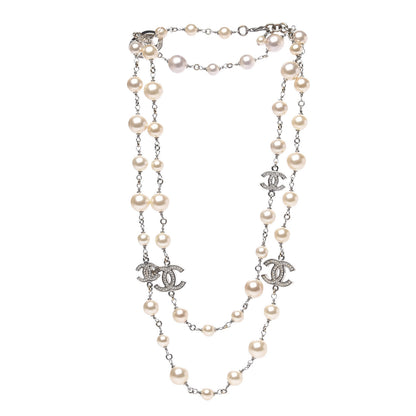 Chanel Crystal Pearl CC Long Necklace Silver 3 of 4