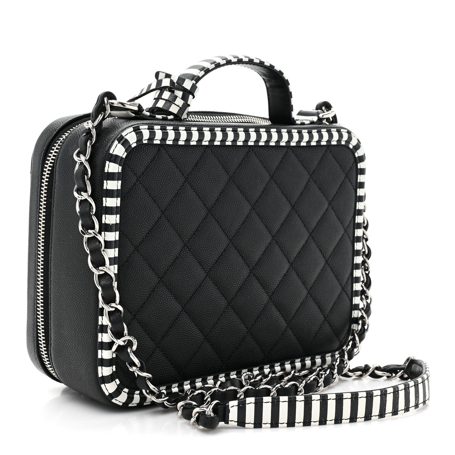 Chanel Caviar Quilted Striped Medium CC Filigree Vanity Case Black White 3 of 14