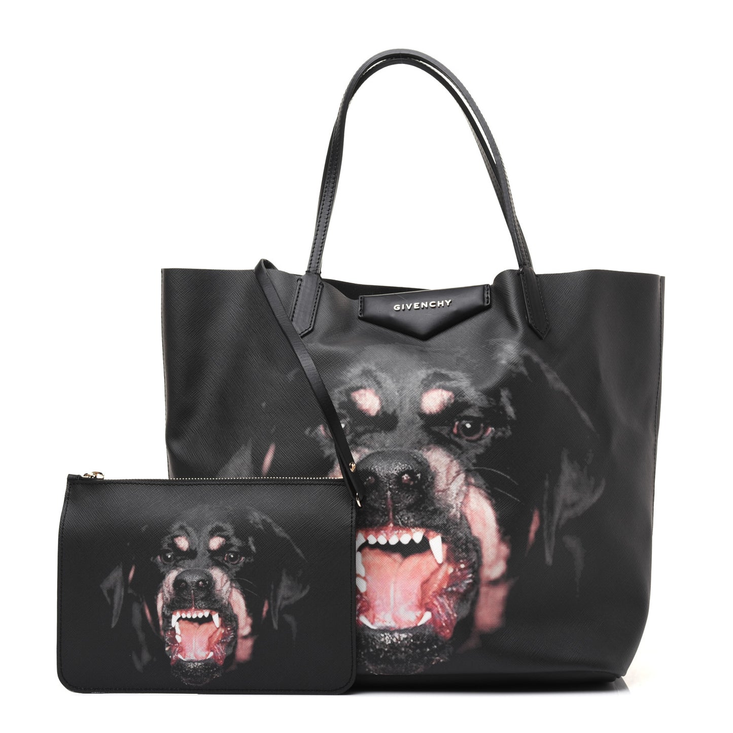 Textured Coated Canvas Rottweiler Print Medium Antigona Tote Black