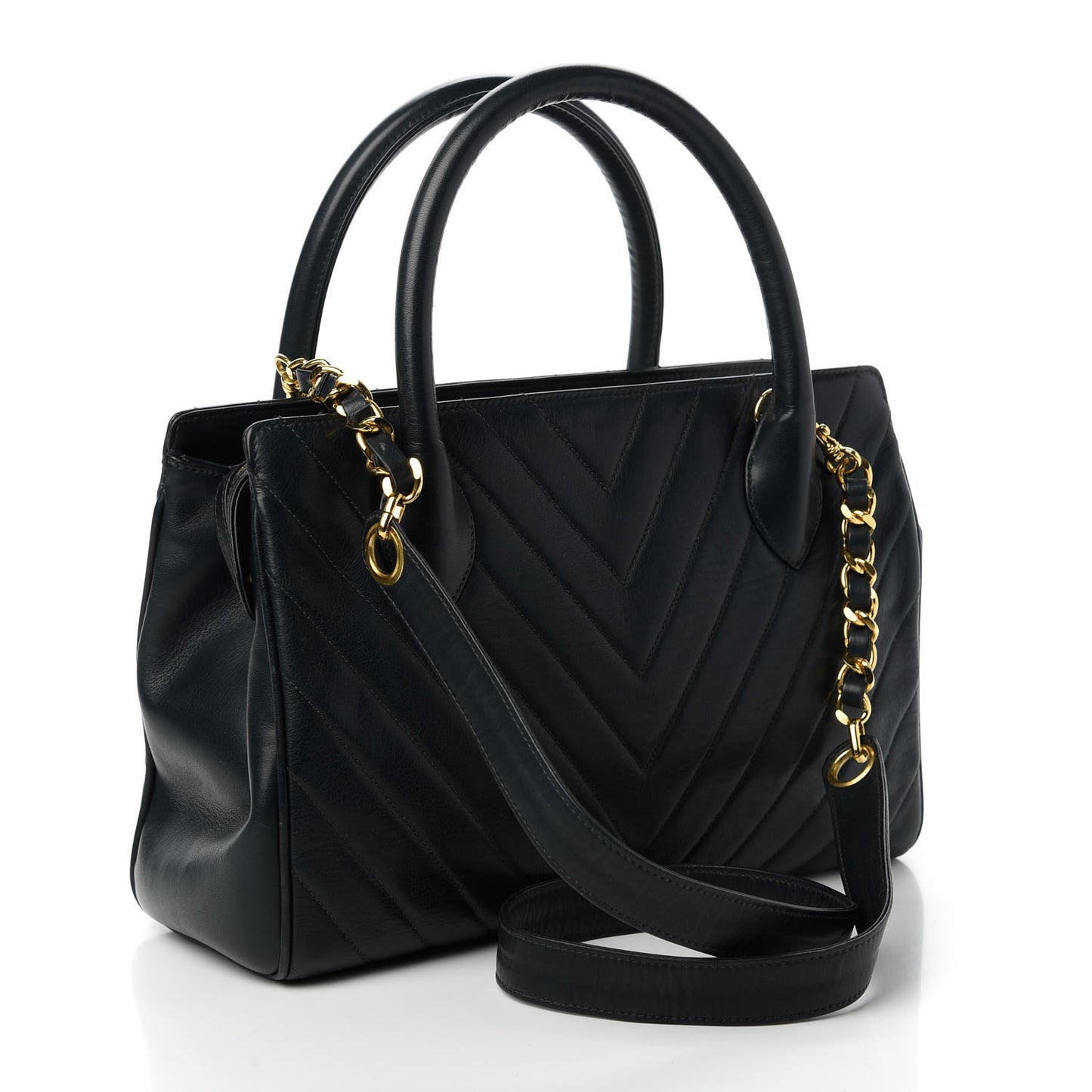 Lambskin Chevron Quilted Top Handle Bag Black