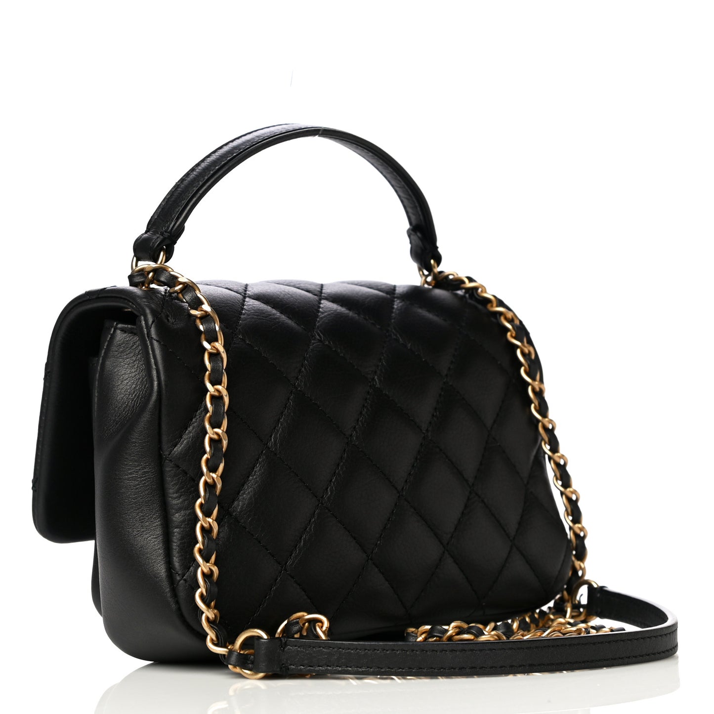 Calfskin Quilted Top Handle Flap Black