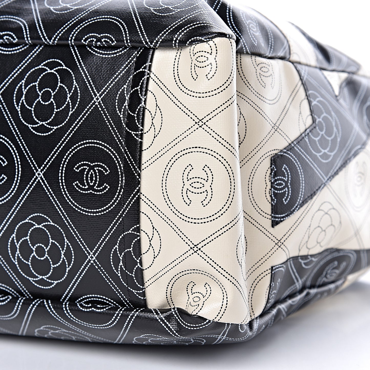 Coated Canvas Camellia Medium Shopping Tote Black Beige