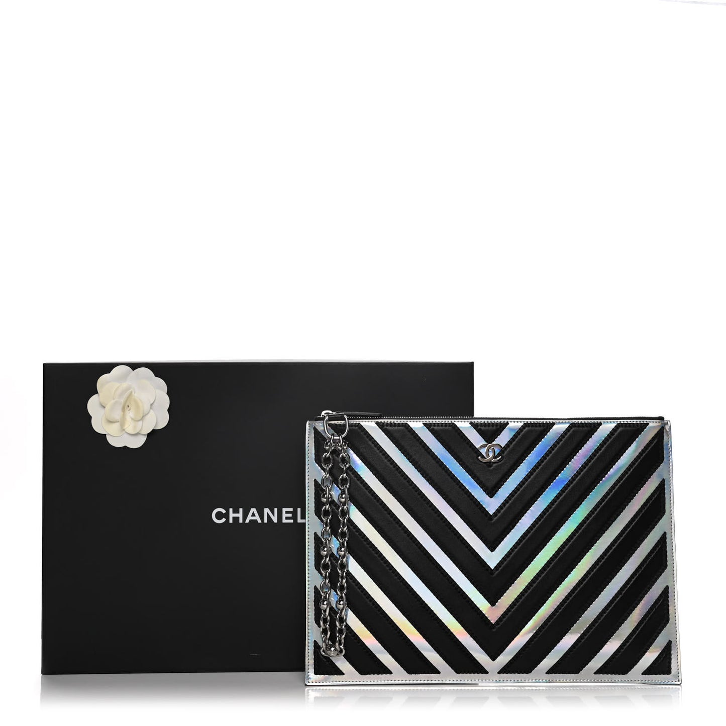 Lambskin Metallic Chevron Zip Pouch Black Silver