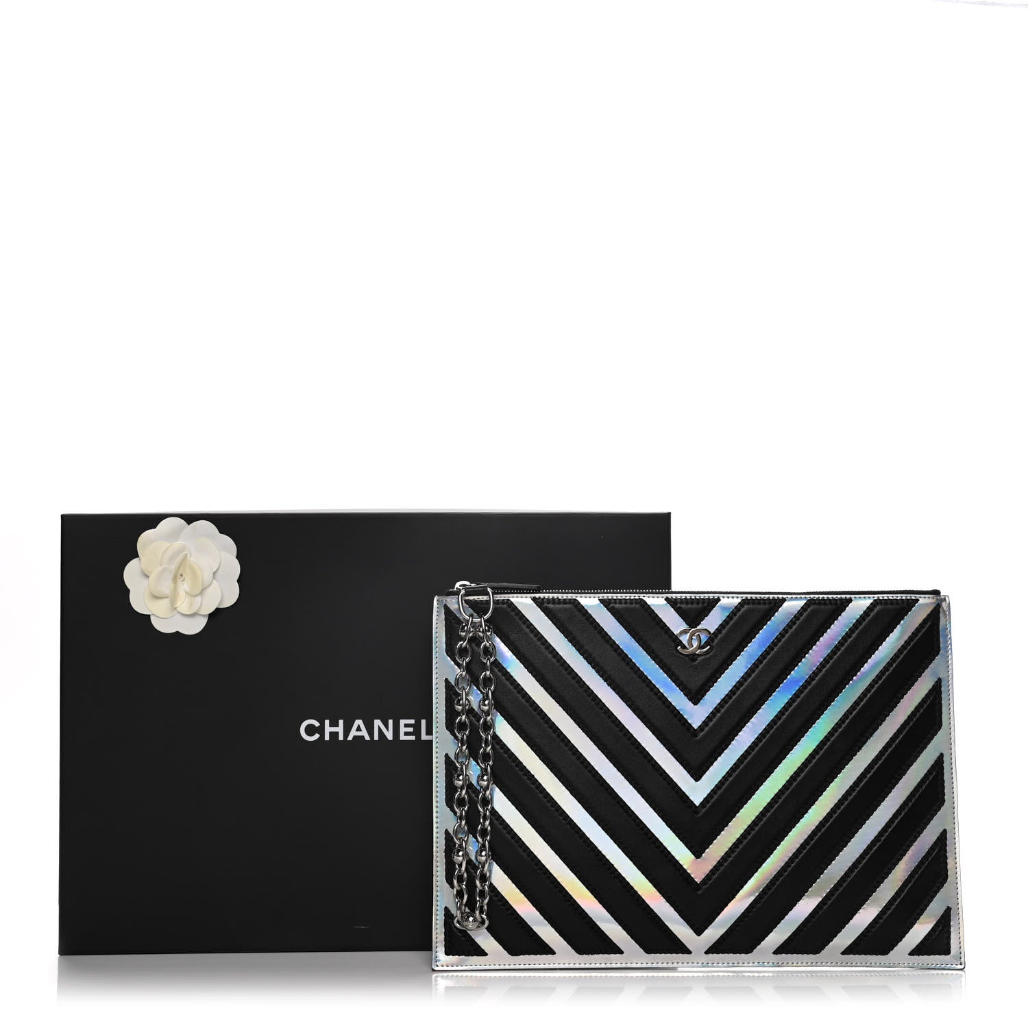 Chanel Lambskin Metallic Chevron Zip Pouch Black Silver 9 of 9
