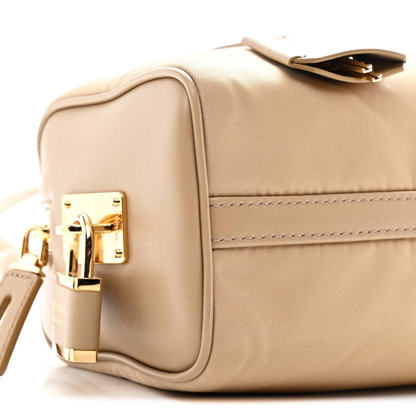 Re-Nylon Vitello Medium Top Handle Bag With Padlock Cammeo