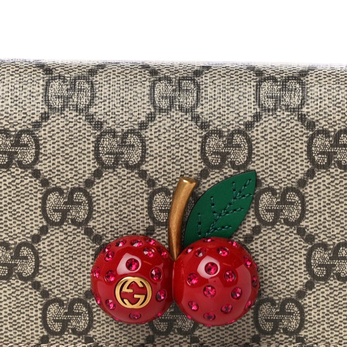 GG Supreme Monogram Cherry Embellished Card Case Wallet Hibiscus Red