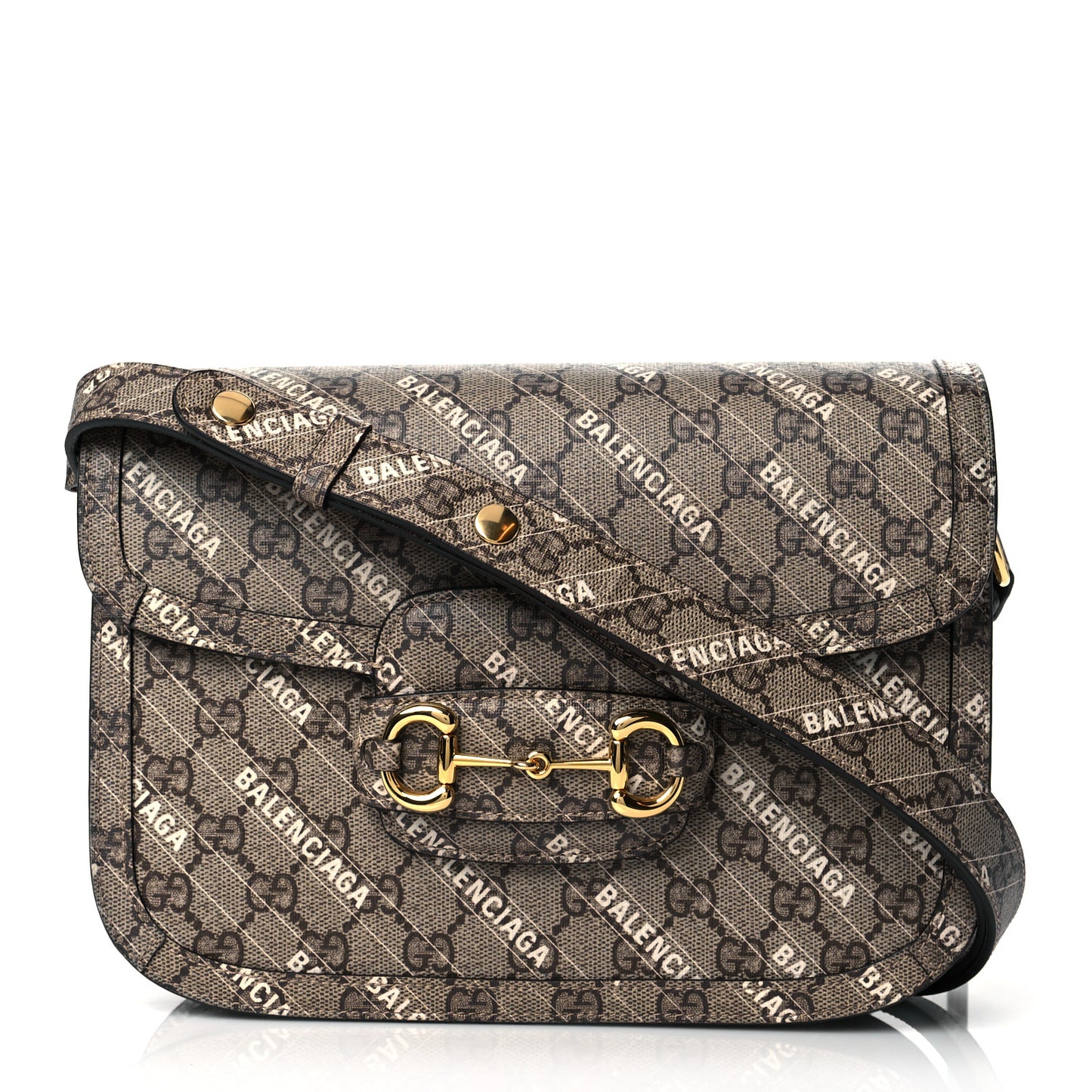 X BALENCIAGA GG Supreme Monogram Logo Print Horsebit 1955 Shoulder Bag Beige Ebony