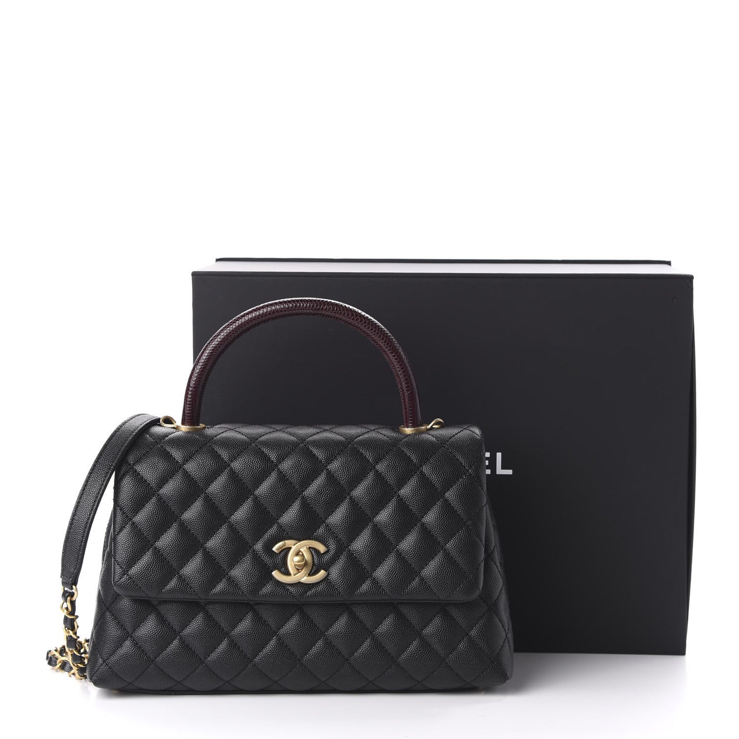 Caviar Lizard Embossed Quilted Small Coco Handle Flap Black