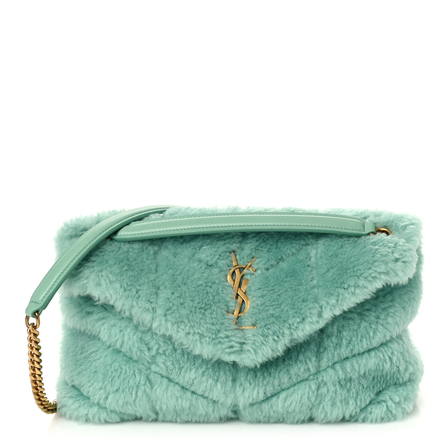 Saint Laurent Merino Shearling Lambskin Quilted Small Loulou Puffer Monogram Chain Satchel Iced Mint 1 of 7