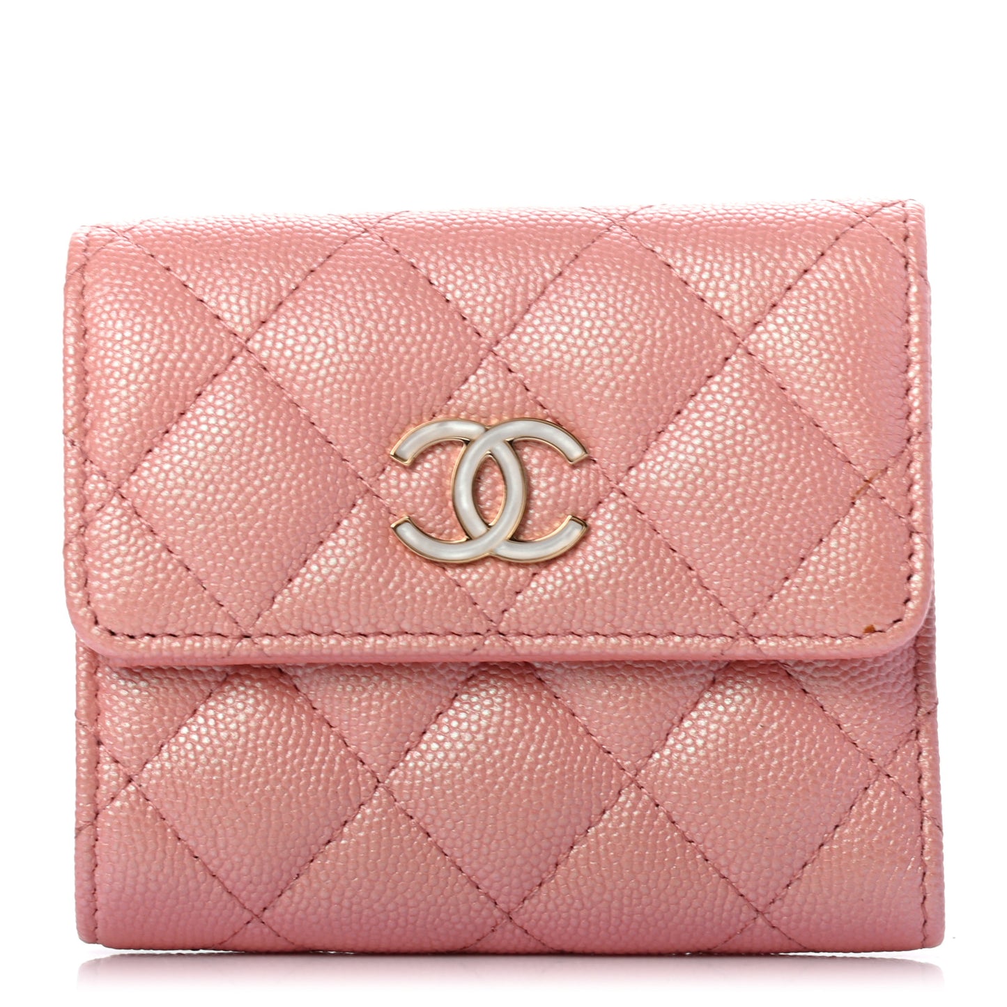 Iridescent Caviar Quilted Small Flap Wallet Rose Pink