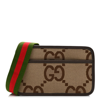 Gucci Monogram Jumbo GG Textured Dollar Calfskin Web Mini Crossbody Bag Camel Ebony New Acero 1 of 10