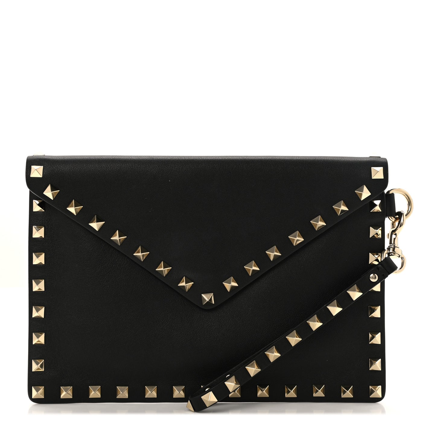 Vitello Medium Rockstud Envelope Flat Wristlet Pouch Black