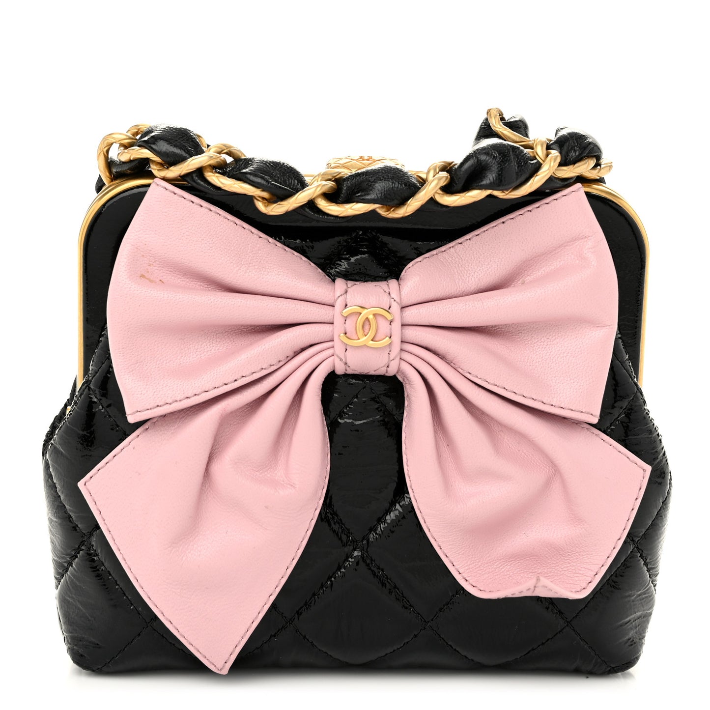 Patent Crumpled Lambskin Shiny Lambskin Quilted Maxi Bow Clutch With Chain Black Pink