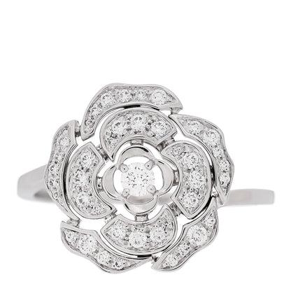 Chanel 18K White Gold Diamond Small Bouton de Camelia Ring 54 7 1 of 5