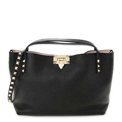 Valentino Garavani Grained Calfskin Small Rockstud Flip Lock Tote Black Rose Quartz 1 of 9