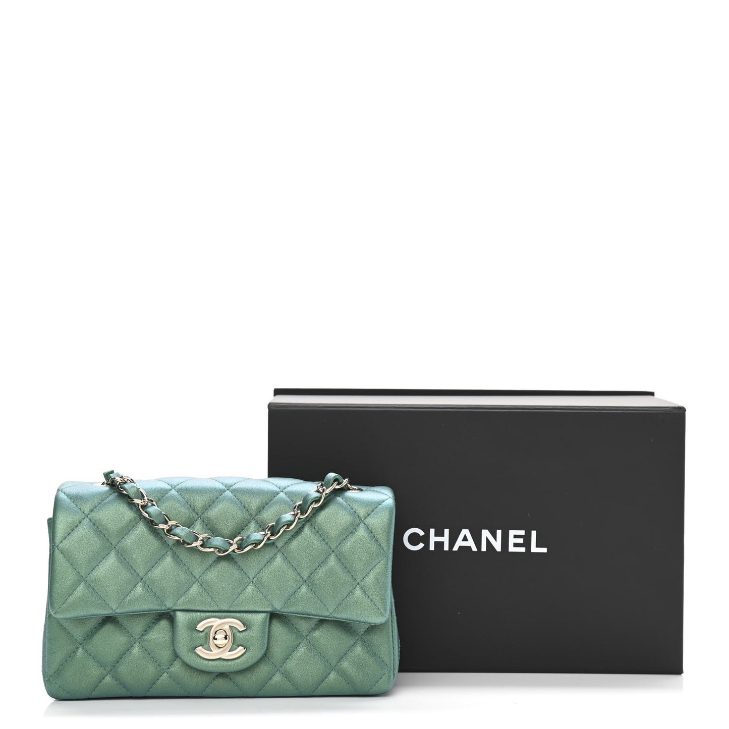 Iridescent Calfskin Quilted Mini Rectangular Flap Green